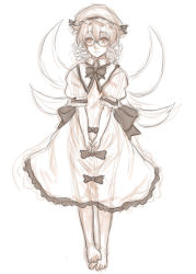 Rule 34 | 1girl, barefoot, bespectacled, dress, drill hair, fairy wings, feet, female focus, full body, glasses, hat, highres, kuro suto sukii, limited palette, looking at viewer, luna child, mob cap, puffy short sleeves, puffy sleeves, short sleeves, solo, touhou, v arms, white background, white dress, wings