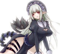 Rule 34 | 1girl, bad id, bad pixiv id, belt, blush, breasts, chain, cleavage, cleavage cutout, clothing cutout, dark priest, demon girl, demon tail, dress, feathers, hat, large breasts, loincloth, long hair, monster girl, monster girl encyclopedia, nun, pointy ears, purple eyes, silver hair, smile, solo, sud (sudea), tail