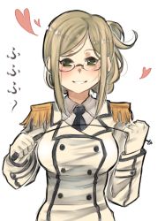 Rule 34 | 10s, 1girl, blush, breasts, epaulettes, glasses, gloves, grin, heart, holding, kantai collection, katori (kancolle), large breasts, light brown hair, long hair, long sleeves, melonenbrot, military, military uniform, necktie, riding crop, smile, solo, uniform, white gloves