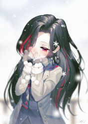 Rule 34 | 1girl, artist name, black gloves, black hair, blue shirt, blush, breathing on hands, coat, commentary request, eyes visible through hair, fingerless gloves, forehead, fur-trimmed sleeves, fur trim, gloves, grey coat, half-closed eyes, hands up, highres, looking away, multicolored hair, open clothes, open coat, original, parted bangs, qys3, red eyes, red hair, scarf, shirt, signature, sleeves past wrists, snowflakes, snowing, solo, streaked hair