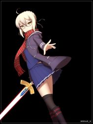Rule 34 | 1girl, ahoge, artoria pendragon (all), artoria pendragon (fate), black background, black thighhighs, blonde hair, blouse, blue shirt, braid, excalibur (fate/stay night), fate/grand order, fate (series), from side, glasses, hair between eyes, hair bun, highres, holding, holding sword, holding weapon, jacket, md5 mismatch, mikhail n, miniskirt, mysterious heroine x alter (fate), mysterious heroine x alter (first ascension) (fate), outside border, parted bangs, resolution mismatch, revision, round eyewear, saber (fate), school uniform, shirt, simple background, single hair bun, skirt, solo, source larger, standing, sword, thighhighs, weapon, yellow eyes