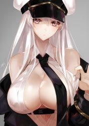 Rule 34 | 1girl, absurdres, apt, azur lane, bare shoulders, black necktie, breasts, cleavage, cleavage cutout, closed mouth, clothes pull, clothing cutout, enterprise (azur lane), expressionless, grey background, hair between eyes, hat, highres, large breasts, long hair, long sleeves, looking at viewer, necktie, off shoulder, peaked cap, purple eyes, shiny skin, silver hair, simple background, solo, unbuttoned, upper body, very long hair, white hat, wing collar