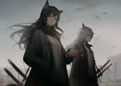 Rule 34 | 2girls, animal ear fluff, animal ears, arknights, bird, black coat, black hair, black scarf, blurry, blurry background, chinese commentary, cigarette, coat, commentary request, hair between eyes, hand in pocket, holding, holding cigarette, huanxiang heitu, lappland (arknights), long hair, looking at viewer, looking to the side, multiple girls, multiple swords, open clothes, open coat, orange eyes, outdoors, scarf, shirt, sky, smoke, smoking, texas (arknights), tree, upper body, white hair, white shirt