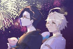 Rule 34 | 2boys, ahoge, aladdin (sinoalice), alternate costume, animal, bad id, bad twitter id, black hair, blonde hair, closed mouth, expressionless, festival, fringe trim, glasses, hameln (sinoalice), hand fan, highres, holding, holding animal, japanese clothes, kimono, looking at another, multicolored hair, multiple boys, night, night sky, pig, purple hair, red eyes, ribbon, short hair, sinoalice, skky3, sky, smile, two-tone hair