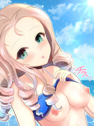 Rule 34 | 1girl, bikini, blonde hair, blue bikini, blush, breasts, clothes lift, drill hair, girls und panzer, green eyes, highres, kumaisao, large breasts, long hair, looking at viewer, marie (girls und panzer), nipples, ocean, outdoors, smile, solo, swimsuit, tongue, tongue out