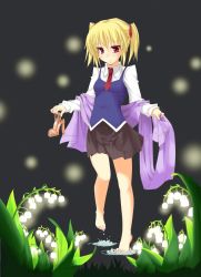 barefoot blonde_hair feet flower highres lily_of_the_valley necktie original red_eyes sabaku_kouchi skirt solo water