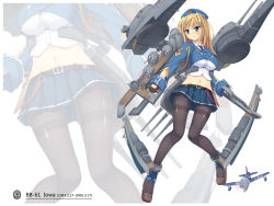 Rule 34 | 00s, 10s, 1girl, 2006, aiguillette, aircraft, airplane, belt, beret, black gloves, black pantyhose, blonde hair, blue eyes, blue hat, blue jacket, blue skirt, blush, breasts, brown footwear, buttons, cannon, character name, collared shirt, cropped jacket, dagger, dated, double-breasted, dress shirt, eyebrows, fingerless gloves, flight deck, gloves, hair ornament, hat, highres, holding, jacket, kantai collection, knife, large breasts, long hair, long sleeves, machinery, midriff, military, military uniform, miniskirt, navel, original, pantyhose, personification, pleated skirt, shirt, shoes, skirt, sleeves rolled up, solo, srwsrx (gp03dsrx), stomach, thighband pantyhose, turret, uniform, uss iowa (bb-61), weapon, zoom layer