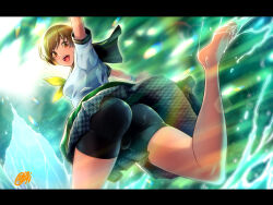 Rule 34 | 1girl, ass, bare legs, barefoot, bike shorts, black shorts, blurry, blurry background, blush, breasts, brown eyes, brown hair, clothes around waist, commentary request, fat mons, feet, foot out of frame, from behind, gentle sasaki, green jacket, highres, jacket, jacket around waist, legs, letterboxed, looking at viewer, looking back, medium breasts, neckerchief, open mouth, outstretched arms, persona, persona 4, pleated skirt, sailor collar, satonaka chie, school uniform, short hair, short sleeves, shorts, shorts under skirt, signature, skirt, solo, splashing, standing, standing on one leg, teeth, thighs, toenails, toes, upper teeth only, upskirt, yasogami school uniform, yellow neckerchief