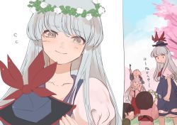 Rule 34 | 2boys, 3girls, :o, big hair, blue dress, blue headwear, blue sky, bow, carrying, cherry blossoms, cloud, collarbone, day, dress, faceless, from behind, fujiwara no mokou, giving, grass, hair bow, hand over another&#039;s eyes, happy, hat, unworn hat, head tilt, head wreath, unworn headwear, highres, holding, holding stick, japanese clothes, kamishirasawa keine, kerok (joniko1110), layered dress, long hair, long sleeves, looking at another, looking down, looking up, multiple boys, multiple girls, one-hour drawing challenge, pants, piggyback, puffy short sleeves, puffy sleeves, red neckwear, red pants, right-to-left comic, shirt, short sleeves, sidelocks, silver hair, simple background, sky, sleeveless, sleeveless dress, smile, stick, suspenders, touhou, translation request, very long hair, white background, white dress, white shirt, | |