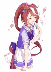 Rule 34 | 1girl, absurdres, animal ears, arrow (symbol), blouse, blue bow, blue shirt, blush, bow, brown hair, closed eyes, commentary request, cropped legs, ears down, english text, food, hair ribbon, hand up, highres, holding, holding food, horse ears, horse girl, horse tail, long hair, multicolored hair, pink ribbon, ponytail, popsicle, puffy short sleeves, puffy sleeves, purple shirt, ribbon, shirt, short sleeves, simple background, skirt, solo, squiggle, streaked hair, tail, tokai teio (umamusume), translation request, umamusume, very long hair, wavy mouth, white background, white hair, white skirt, yuzip