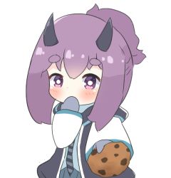 Rule 34 | 1girl, arknights, black jacket, blue shirt, chibi, chocolate chip cookie, commentary, cookie, covered mouth, diagonal-striped clothes, diagonal-striped necktie, diagonal-striped neckwear, english commentary, food, grey mittens, grey skirt, hair between eyes, hibiscus (arknights), holding, holding food, horns, incoming food, jacket, kurotofu, long hair, looking at viewer, mittens, necktie, open clothes, open jacket, outstretched arm, pleated skirt, ponytail, purple eyes, purple hair, shirt, short eyebrows, sidelocks, simple background, skirt, solo, striped clothes, striped necktie, striped neckwear, thick eyebrows, white background