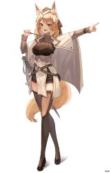 Rule 34 | 1girl, 2022, absurdres, animal ear fluff, animal ears, arknights, black shorts, black thighhighs, blonde hair, blue eyes, fang, garrison cap, hat, high heels, highres, horse ears, horse girl, horse tail, long hair, nannachu7, open mouth, shorts, simple background, skin fang, smile, solo, standing, sword, tail, thighhighs, weapon, whip, whislash (arknights), white background