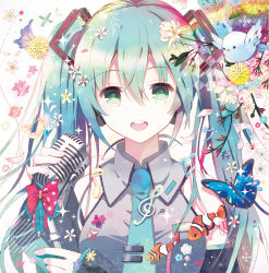 Rule 34 | 1girl, :d, beamed quavers, bird, blue hair, blue necktie, bow, detached sleeves, flower, green eyes, grey shirt, hair bow, hair flower, hair ornament, hatsune miku, headphones, holding, holding microphone, long hair, microphone, musical note, necktie, open mouth, petals, quaver, quaver rest, rednian, sharp sign, shirt, sleeveless, sleeveless shirt, smile, solo, treble clef, twintails, upper body, very long hair, vocaloid, white flower, yellow flower