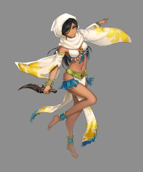 Rule 34 | 1girl, anklet, bangle, barefoot, belt, bikini, bikini top only, black hair, bracelet, breasts, dagger, dancer, dark-skinned female, dark skin, detached sleeves, feet, gem, grey background, highres, hood, jewelry, knife, loincloth, long hair, lots of jewelry, midriff, navel, nilphy, original, outstretched arms, reverse grip, simple background, smile, solo, swimsuit, toes, weapon, wide sleeves, yellow eyes