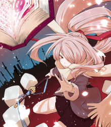 Rule 34 | 1girl, :/, black skirt, blue ribbon, book, closed mouth, coat, hair over one eye, hair ribbon, highres, holding, holding sword, holding weapon, katana, long hair, long sleeves, noraico, open book, original, pink hair, pleated skirt, ponytail, red ribbon, ribbon, scarf, sheath, sheathed, skirt, solo, sword, weapon, white scarf