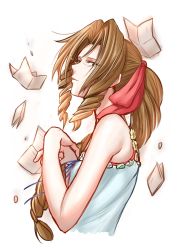 Rule 34 | 1girl, aerith gainsborough, bare arms, bow, braid, braided ponytail, breasts, brown hair, crisis core final fantasy vii, crying, curly hair, dress, final fantasy, final fantasy vii, green eyes, hair bow, highres, igusaharu, letter, long hair, official alternate costume, paper, parted bangs, sidelocks, small breasts, solo, tears, upper body, white background, white dress