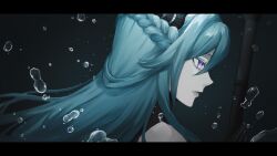 1girl aqua_hair braid bubble crown_braid gi_ra1 highres lamia:_lost_lullaby_(pgr) lamia_(pgr) long_hair parted_lips punishing:_gray_raven purple_eyes shell_hair_ornament sidelocks solo underwater