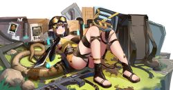 Rule 34 | 1girl, arknights, bare shoulders, bikini, black bikini, black footwear, black gloves, black panties, blue eyes, breasts, brick wall, brown hair, butterfly hair ornament, elbow gloves, eunectes (arknights), gloves, goggles, goggles on head, gun, hair ornament, highres, holding, holding weapon, knees up, looking at viewer, lying, medium breasts, on back, panties, parted lips, pointy ears, poster (object), sandals, snake tail, solo, swimsuit, tail, underwear, wangqi, weapon, weapon request, white background