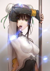 Rule 34 | 1girl, arm up, black bodysuit, black gloves, bodysuit, breasts, brown hair, bun cover, commentary request, double bun, elbow gloves, fate/grand order, fate (series), fingerless gloves, gloves, green eyes, green ribbon, grey background, hair between eyes, hair bun, holding, long hair, medium breasts, nuda, open mouth, qin liangyu (fate), ribbon, side bun, solo