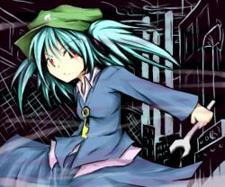 Rule 34 | 1girl, blue hair, cityscape, female focus, green hat, hat, kawashiro nitori, key, red eyes, solo, touhou, twintails, two side up, wrench