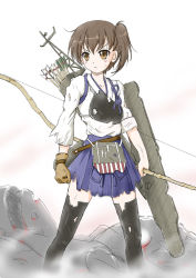 Rule 34 | &gt;:(, 10s, 1girl, arrow (projectile), bad id, bad pixiv id, black thighhighs, blush, boots, bow (weapon), brown eyes, brown hair, flight deck, flipper, frown, japanese clothes, kaga (kancolle), kantai collection, muneate, personification, serious, short hair, side ponytail, skirt, smile, solo, thigh boots, thighhighs, torn clothes, torn thighhighs, v-shaped eyebrows, weapon, zettai ryouiki