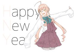 Rule 34 | 1girl, ahoge, blue-framed eyewear, commentary request, cropped legs, double bun, green neckwear, grey legwear, hair bun, halterneck, happy new year, highres, kantai collection, long hair, long sleeves, looking at viewer, makigumo (kancolle), new year, outstretched arms, pink hair, rabbit, shirt, simple background, sleeves past fingers, sleeves past wrists, tamaki., twintails, white background, white shirt, yellow eyes