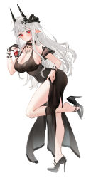 Rule 34 | 1girl, absurdres, albino, arknights, bare legs, black choker, black dress, black footwear, black gloves, blush, breasts, chinese commentary, choker, cleavage, closed mouth, clothes lift, commentary request, covered navel, cup, detached sleeves, dress, dress lift, drink, drinking glass, earrings, fingerless gloves, gloves, hair ornament, high heels, highres, holding, holding cup, horns, jewelry, large breasts, leaning forward, leg up, lifting own clothes, long hair, looking at viewer, mudrock (arknights), mudrock (obsidian) (arknights), necklace, official alternate costume, pelvic curtain, pointy ears, red eyes, shoe dangle, short sleeves, simple background, single glove, smile, solo, standing, standing on one leg, very long hair, white background, white hair, zhudouzi