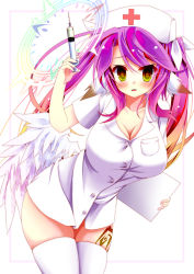 Rule 34 | + +, 1girl, :3, :d, absurdres, alternate hairstyle, angel wings, blush, border, breast pocket, breasts, buttons, cleavage, clipboard, collarbone, collared dress, commentary request, spiked halo, cowboy shot, cross, dress, feathered wings, glowing, glowing eyes, gradient hair, hair between eyes, hair ribbon, halo, hand up, hat, highres, holding, holding clipboard, holding syringe, jibril (no game no life), large breasts, leg tattoo, long hair, looking at viewer, low wings, magic circle, mii aki, multicolored hair, no game no life, nurse, nurse cap, open mouth, pink border, pink hair, pocket, red cross, ribbon, short dress, short sleeves, sidelocks, simple background, skindentation, smile, solo, standing, swept bangs, symbol-shaped pupils, syringe, tattoo, thighhighs, twintails, very long hair, white background, white ribbon, white thighhighs, white wings, wing ears, wings, yellow eyes, zettai ryouiki