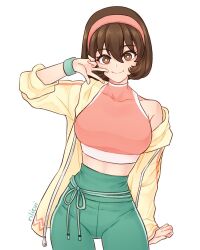 Rule 34 | 1girl, alternate costume, artist name, breasts, brown eyes, brown hair, casual, closed mouth, gensou suikoden, gensou suikoden ii, green pants, hairband, highres, jacket, looking at viewer, medium breasts, midriff, nanami (suikoden), open clothes, open jacket, pants, pink hairband, rilievi (riiv), short hair, simple background, smile, solo, sports bra, streetwear, sweatband, track jacket, v, white background, yellow jacket, yoga pants