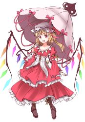 Rule 34 | 1girl, :d, adapted costume, alternate costume, ascot, bad id, bad twitter id, bat wings, blonde hair, bow, corset, cosplay, crystal, dress, fang, flandre scarlet, fusion, hat, hat bow, hat ribbon, highres, layered dress, long sleeves, minust, mob cap, open mouth, parasol, red eyes, ribbon, short hair, side ponytail, simple background, slit pupils, smile, solo, tabard, touhou, umbrella, white background, wide sleeves, wings, yakumo yukari, yakumo yukari (cosplay)
