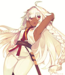 Rule 34 | 1girl, :d, ahoge, armpits, arms behind head, arms up, bare shoulders, braid, breasts, brown eyes, commentary request, dark-skinned female, dark skin, fate/grand order, fate (series), hair intakes, lakshmibai (fate), long hair, looking at viewer, open mouth, pants, sheath, shirt, signature, simple background, sleeveless, sleeveless shirt, small breasts, smile, solo, twin braids, very long hair, white background, white hair, white pants, white shirt, yuzuki gao