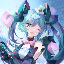 Rule 34 | 1girl, ;d, bare shoulders, black sleeves, blue eyes, blue hair, blue hat, blue vest, breasts, commentary request, cube, detached sleeves, gloves, hair between eyes, hand up, hat, hatsune miku, honeycomb (pattern), honeycomb background, long hair, long sleeves, looking at viewer, medium breasts, microphone, microphone stand, mini hat, mini top hat, one eye closed, open mouth, smile, solo, tilted headwear, top hat, transparent, twintails, very long hair, vest, vocaloid, white gloves, yowamushi