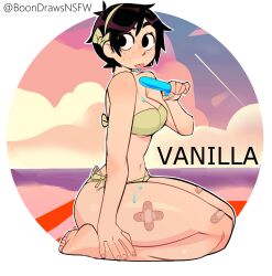 Rule 34 | 1girl, bandaid, bandaid on leg, barefoot, bikini, black eyes, black hair, body freckles, border, bow, breasts, character name, cleavage, cloud, cloudy sky, contrail, dripping, feet, food, freckles, green bikini, hairband, hands on feet, highres, looking to the side, medium breasts, navel, negsus, ocean, original, popsicle, round border, seiza, short hair, sitting, sky, soles, solo, swimsuit, toes, tongue, tongue out, twitter username, vanilla (negsus)