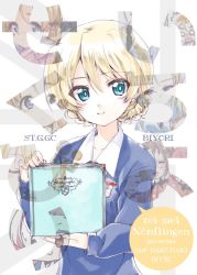 Rule 34 | 1girl, aqua eyes, artist name, black neckwear, blonde hair, blue sweater, book, braid, circle name, closed mouth, commentary request, darjeeling (girls und panzer), dress shirt, emblem, english text, girls und panzer, gluteal fold, holding, holding book, kuroi mimei, long sleeves, looking at viewer, necktie, nilgiri (girls und panzer), orange pekoe (girls und panzer), photo album, rosehip (girls und panzer), school uniform, shirt, short hair, smile, solo focus, st. gloriana&#039;s (emblem), st. gloriana&#039;s school uniform, standing, sweater, translation request, twin braids, upper body, v-neck, white shirt, wing collar