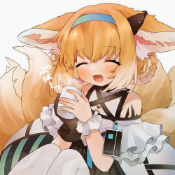 Rule 34 | 1girl, :d, ^ ^, animal ear fluff, animal ears, arknights, bare shoulders, black gloves, blonde hair, blue hairband, braid, braided hair rings, closed eyes, cup, facing viewer, foam mustache, fox ears, fox girl, fox tail, gloves, gradient hair, grey background, hair between eyes, hair rings, hairband, highres, holding, holding cup, kitsune, knees up, kyuubi, material growth, mug, multicolored hair, multiple tails, open mouth, oripathy lesion (arknights), pantyhose, shirt, simple background, single glove, single wrist cuff, sitting, smile, solo, steam, suzuran (arknights), tail, takumi mizuki, translation request, twin braids, white hair, white pantyhose, white shirt, wrist cuffs
