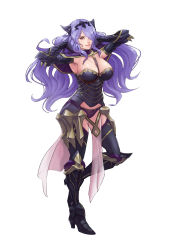 Rule 34 | 1girl, absurdres, breasts, camilla (fire emblem), cirenk, cleavage, closed mouth, fire emblem, fire emblem fates, full body, hair over one eye, high heels, highres, large breasts, long hair, looking at viewer, nintendo, purple eyes, purple hair, simple background, solo, standing, tiara, white background