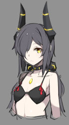 Rule 34 | 1girl, aosora kamiya, arms at sides, bikini, black bikini, black hair, closed mouth, collarbone, flat chest, grey background, hair over one eye, highres, horns, long hair, looking at viewer, low twintails, original, simple background, sketch, solo, swimsuit, twintails, yellow eyes