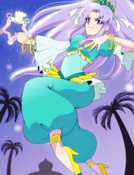 Rule 34 | 10s, 1girl, alternate form, arabian clothes, bad id, bad pixiv id, bracelet, brooch, cure fortune, cure fortune (pine arabian), earrings, fortune tambourine, full body, happinesscharge precure!, heart, heart brooch, high heels, highres, hikawa iona, jewelry, long hair, lots of jewelry, magical girl, miyoshi (miyomiyo 344), pants, ponytail, precure, purple background, purple eyes, purple hair, smile, solo, wide ponytail