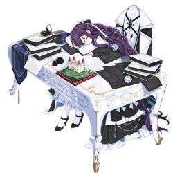 Rule 34 | 1girl, beetle, book, bow, bug, chair, closed eyes, hair bow, high heels, honkai (series), honkai impact 3rd, insect, kafka (honkai impact), long hair, official art, paper, purple hair, sitting, sleeping, solo, table, thighhighs, third-party source, transparent background