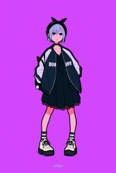 Rule 34 | 1girl, absurdres, black choker, black dress, blue eyes, choker, dress, expressionless, grey hair, hands in pockets, highres, jacket, long sleeves, looking at viewer, miyoshi yoshimi, original, purple background, purple theme, shadow, shoes, short hair, simple background, socks, solo, striped clothes, striped socks, white footwear