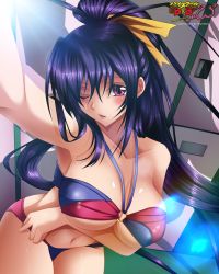 Rule 34 | 10s, 1girl, ;o, artist name, bare shoulders, bikini, blush, breast hold, breasts, cleavage, cowboy shot, female focus, high school dxd, high school dxd new, highres, hikarinogiri, himejima akeno, large breasts, leaning forward, long hair, navel, o-ring, o-ring bikini, one eye closed, outstretched arm, parted lips, ponytail, purple eyes, purple hair, reaching, reaching towards viewer, selfie, solo, swimsuit, thighs, underboob