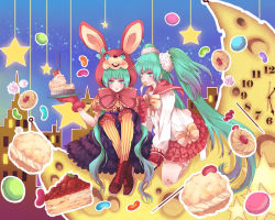 Rule 34 | 2girls, animal ears, animal hat, aqua eyes, aqua hair, bad id, bad pixiv id, bandaid, bandaid on knee, bandaid on leg, boots, building, cake, candy, clock, clone, cookie, cream puff, crescent, crescent moon, food, fork, hat, hatsune miku, jelly bean, lol -lots of laugh- (vocaloid), long hair, lots of laugh, macaron, moon, multiple girls, neruna kake, night, pastry, pocky, rabbit ears, sichol-bell, sitting, star (symbol), striped, twintails, vocaloid