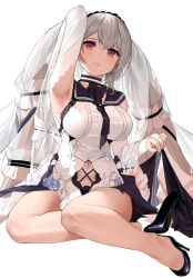 Rule 34 | 024th, 1girl, absurdres, arm up, armpits, azur lane, bare shoulders, black choker, black dress, black footwear, black neckerchief, black sailor collar, blush, bow, breasts, chinese commentary, choker, clothes lift, clothing cutout, commentary request, dress, dress bow, dress lift, feather dress, formidable (azur lane), formidable (timeless classics) (azur lane), full body, grey hair, hair between eyes, hair ornament, hair ribbon, high heels, highres, large breasts, long hair, looking at viewer, navel, navel cutout, neckerchief, official alternate costume, parted lips, red eyes, ribbon, sailor collar, shoes, sidelocks, simple background, single shoe, sitting, smile, solo, toe cleavage, twintails, two-tone dress, veil, very long hair, white background, white dress, yokozuwari
