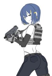 Rule 34 | 1girl, black pants, black sleeves, blonde hair, blue eyes, blue hair, breasts, closed mouth, commentary, detached sleeves, earrings, english commentary, gloves, grey gloves, grey panties, gun, hair ornament, hairclip, highleg, highleg panties, highres, holding, holding gun, holding weapon, jewelry, long sleeves, looking at viewer, looking back, medium breasts, multicolored hair, original, panties, pants, panty straps, pixcy (pixcy5), sideboob, simple background, smile, solo, streaked hair, underwear, weapon, weapon request, white background