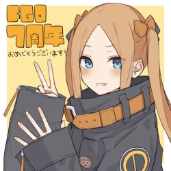 Rule 34 | 1girl, abigail williams (fate), abigail williams (traveling outfit) (fate), belt, black bow, black jacket, blonde hair, blue eyes, blush, bow, breasts, fate/grand order, fate (series), forehead, grin, hair bow, high collar, highres, jacket, kopaka (karda nui), long hair, long sleeves, looking at viewer, multiple bows, orange belt, orange bow, parted bangs, polka dot, polka dot bow, small breasts, smile, solo, translation request