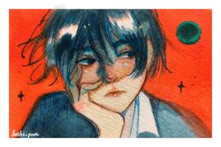 Rule 34 | 1boy, artist name, black eyes, black hair, black jacket, border, collared shirt, commentary, english commentary, fingernails, frown, hand on own cheek, hand on own face, hoshi-pan, jacket, looking to the side, male focus, orange background, original, painting (medium), parted lips, planet, red lips, shaded face, shirt, short hair, solo, sparkle, thick eyebrows, traditional media, upper body, watercolor (medium), white border, white shirt