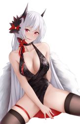 Rule 34 | 1girl, absurdres, arm behind back, azur lane, bare shoulders, black choker, black dress, black thighhighs, blush, bow, bowtie, breasts, choker, cleavage, closed mouth, collarbone, dress, feet out of frame, hand on floor, highres, horns, licking, lips, long hair, looking at viewer, medium breasts, nail polish, nya cot, official alternate costume, on floor, purple eyes, red bow, red nails, solo, spread legs, thighhighs, tongue, white background, white hair, yorck (azur lane), yorck (breaker under the blood moon) (azur lane)