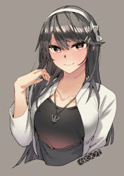 Rule 34 | 1girl, anchor necklace, black hair, black shirt, blush, breasts, brown eyes, closed mouth, commentary, cropped torso, ergot, grey background, hair between eyes, hair ornament, hairband, hairclip, haruna (kancolle), jacket, jewelry, kantai collection, long hair, long sleeves, looking at viewer, medium breasts, necklace, official alternate costume, open clothes, shirt, signature, simple background, solo, swept bangs, upper body, white hairband, white jacket
