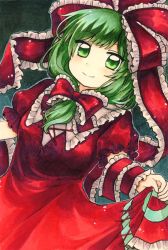 Rule 34 | blush, bow, breasts, closed mouth, commentary request, cross-laced clothes, dress, frilled ribbon, frilled sleeves, frills, front ponytail, green eyes, green hair, hair bow, hair ribbon, happy, kagiyama hina, maa (forsythia1729), marker (medium), medium breasts, medium hair, puffy short sleeves, puffy sleeves, red dress, red ribbon, ribbon, short sleeves, skirt hold, smile, touhou, traditional media, wrist ribbon