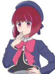 Rule 34 | 1girl, :t, arima kana, beret, blue hat, blue jacket, blunt bangs, bob cut, bow, bowtie, closed mouth, collared shirt, hand on own face, hand on own hip, hand up, hat, highres, jacket, light blush, long sleeves, looking at viewer, oshi no ko, pink bow, pink bowtie, red eyes, red hair, sakata s2023, school uniform, shirt, short hair, simple background, solo, upper body, white background, white shirt, youtou high school uniform